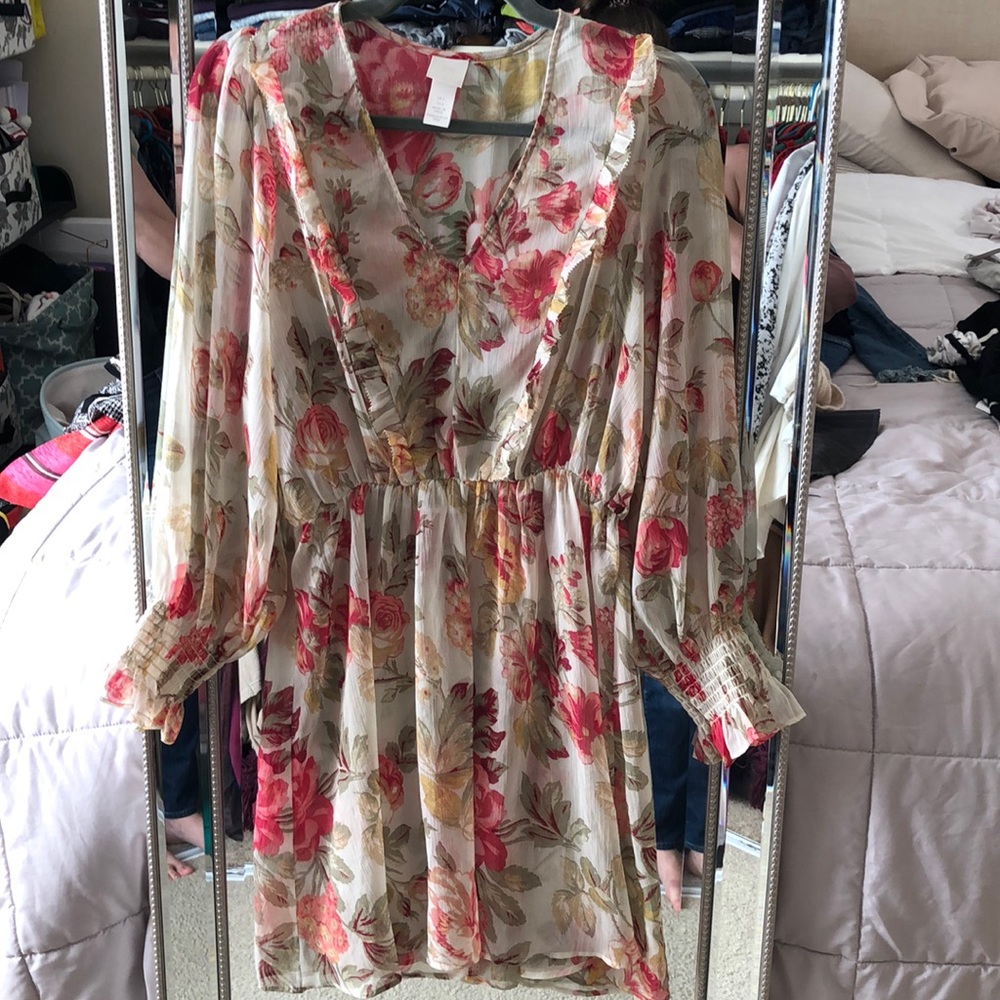 H&M sheer empire waist top or dress cream floral
